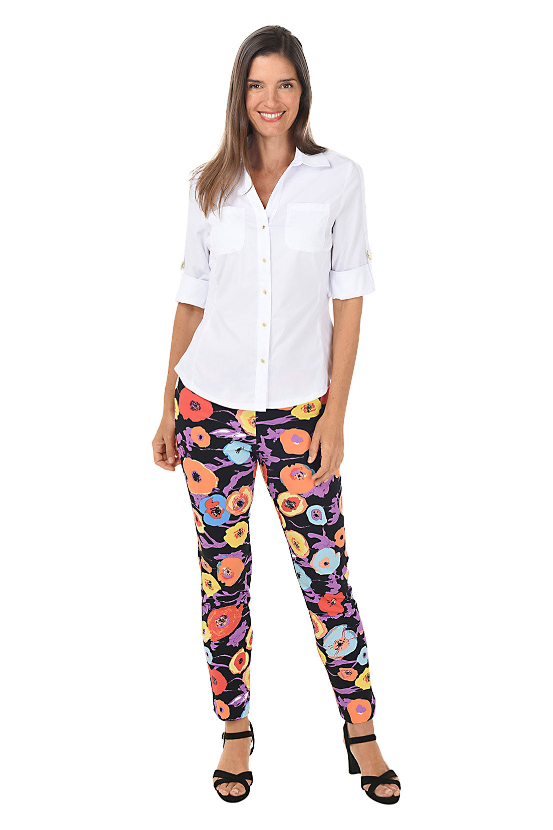 Full length photo of model in black multi colored floral pants