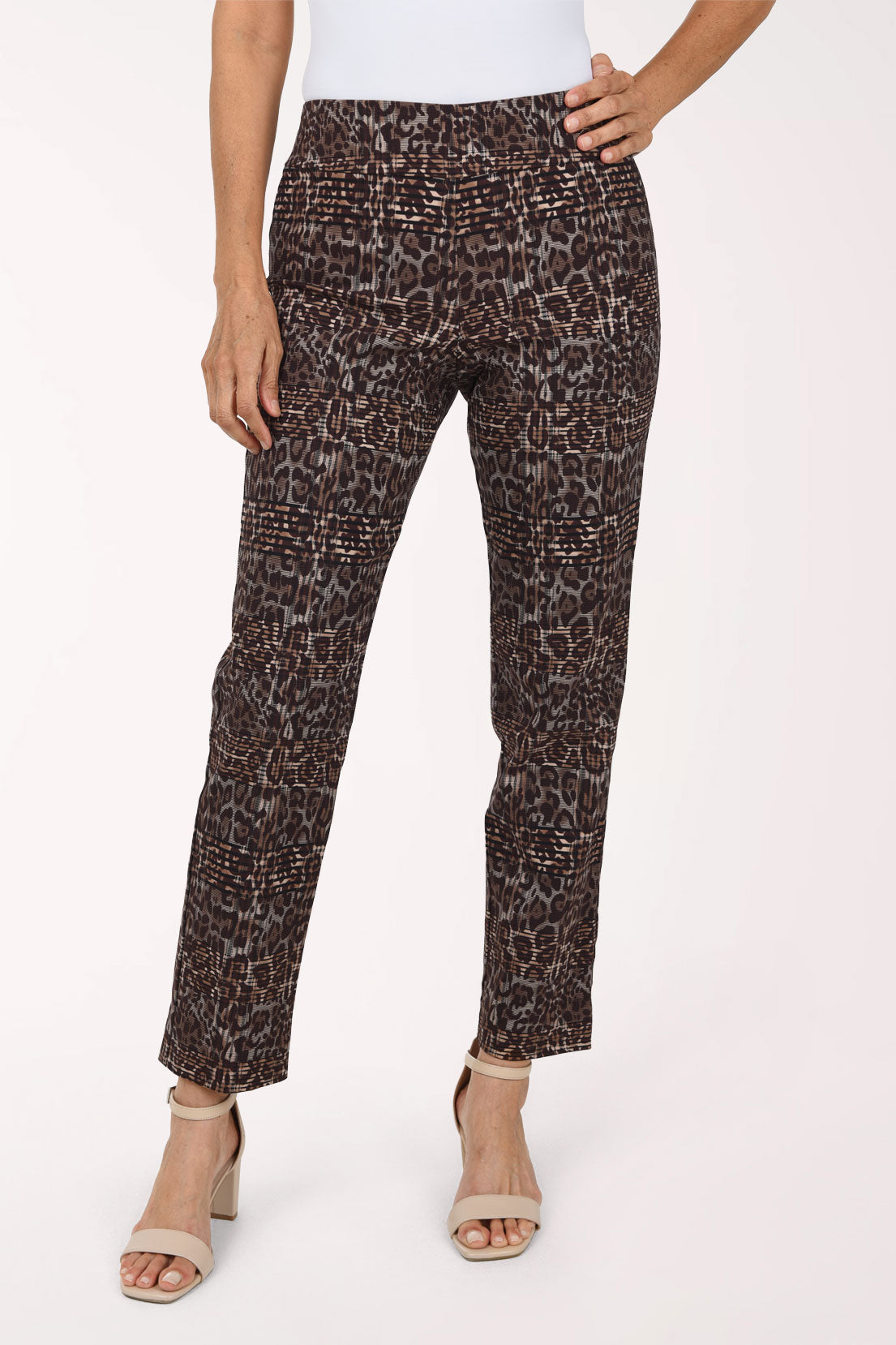 Women wearing a brown leopard plaid pull-on ankle pant
