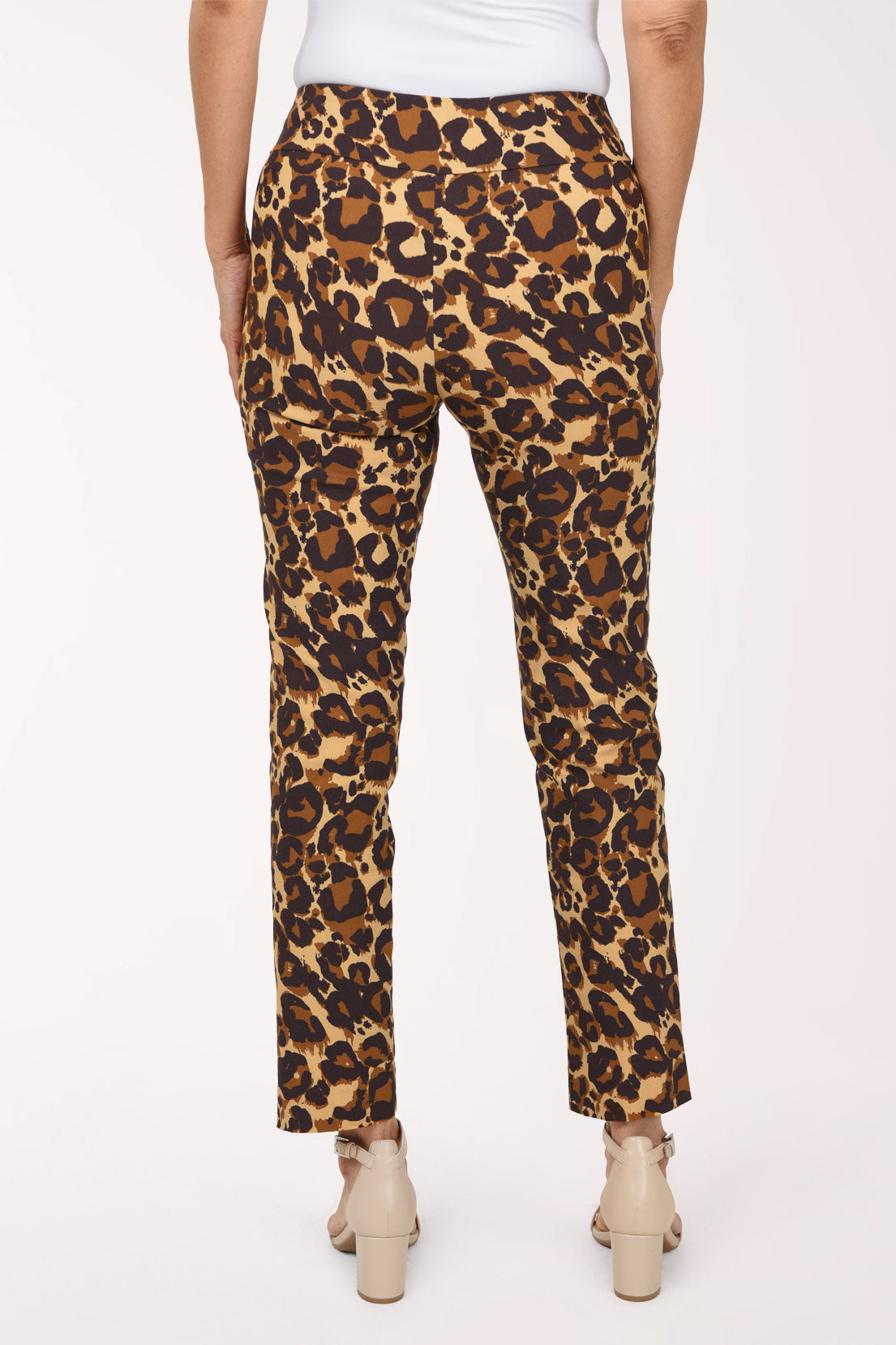 Women wearing a brown animal printed pull-on ankle pants