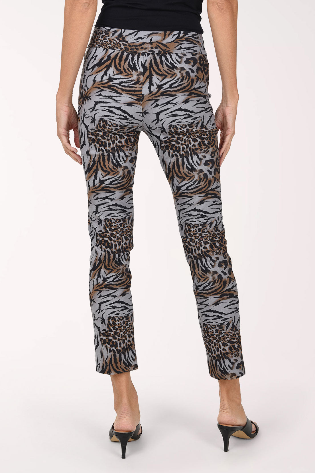 Women wearing tiger print pull-on ankle pants