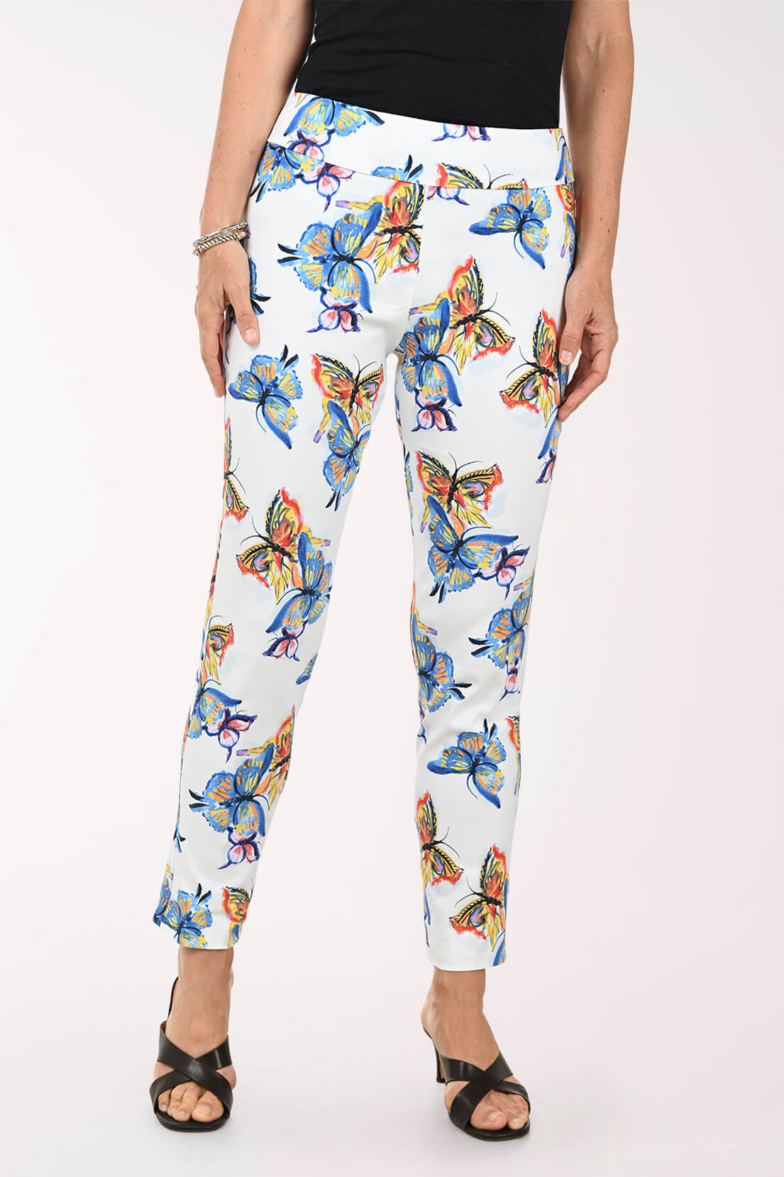 patterned cigarette trousers Krazy Larry Two Butterflies Pull-on Ankle Pant - White Multicolor