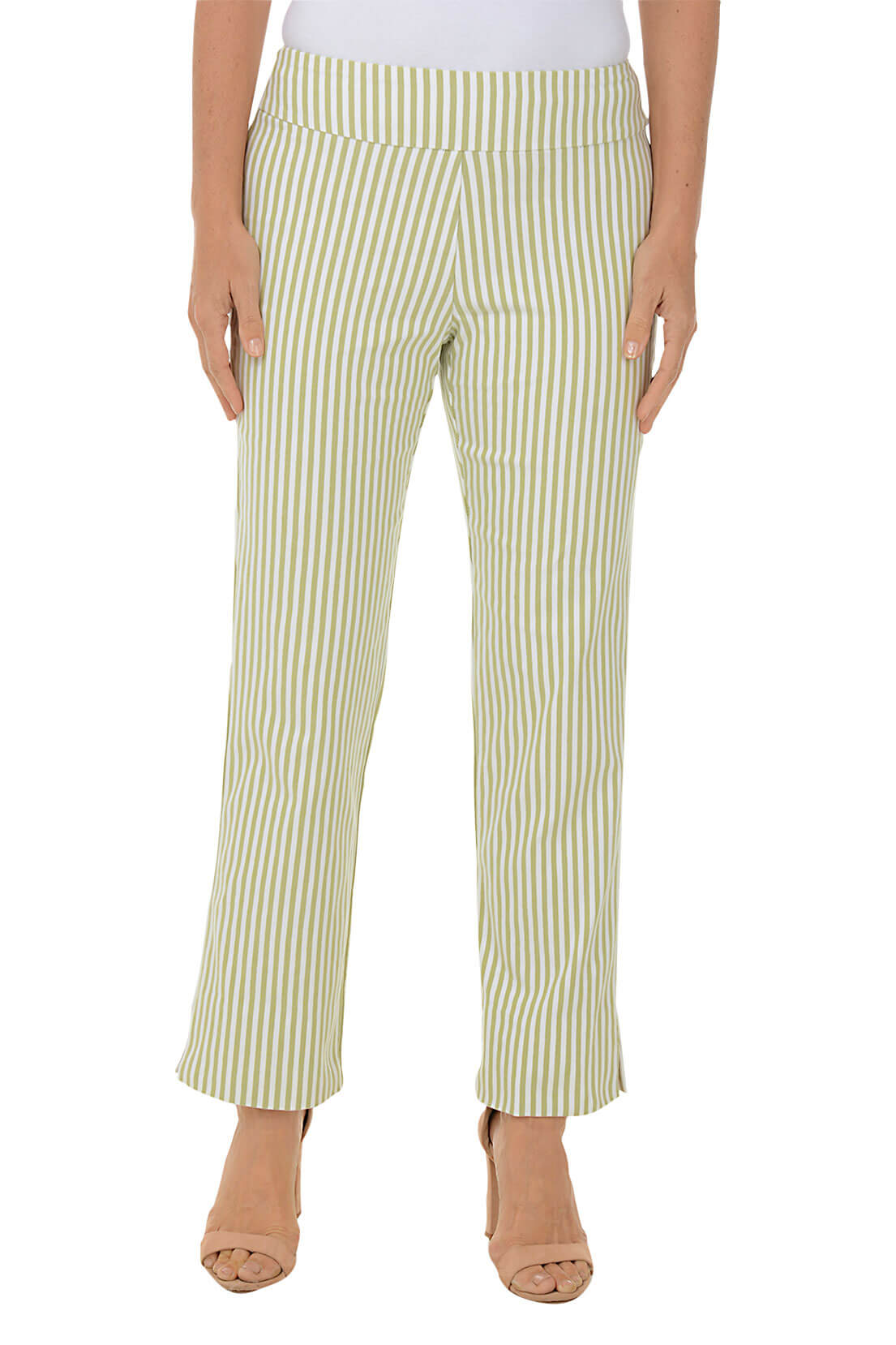 A front shot of a model wearing a pair of green striped flared ankle pants with an elastic waistband, flat front and back, and side slits on the hemline.