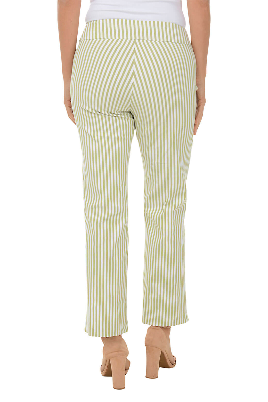 A back shot of a model wearing a pair of green striped flared ankle pants with an elastic waistband, flat front and back, and side slits on the hemline.