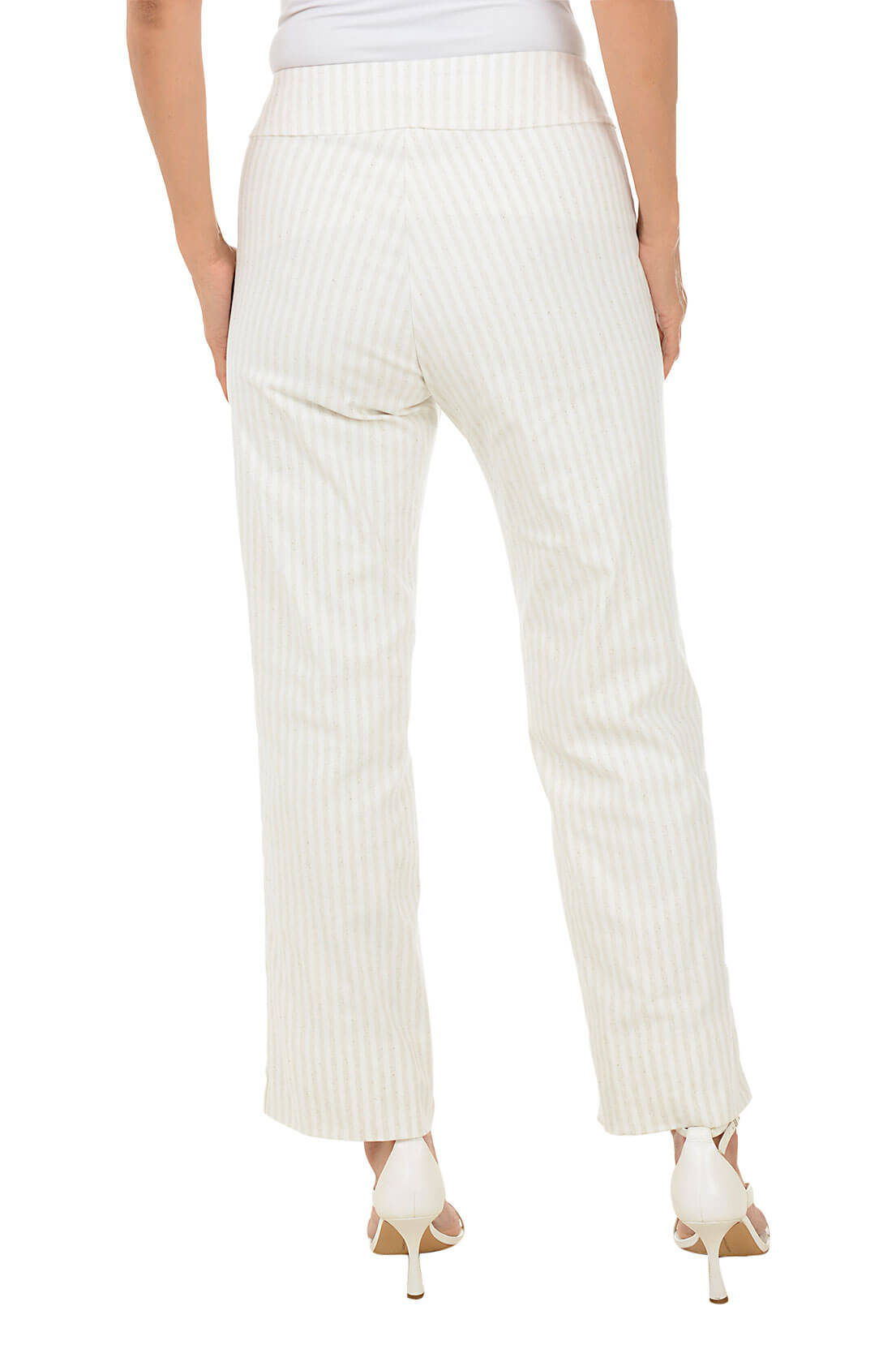 A back shot of a model wearing a pair of beige, oatmeal stripe flared ankle pants with an elastic waistband.
