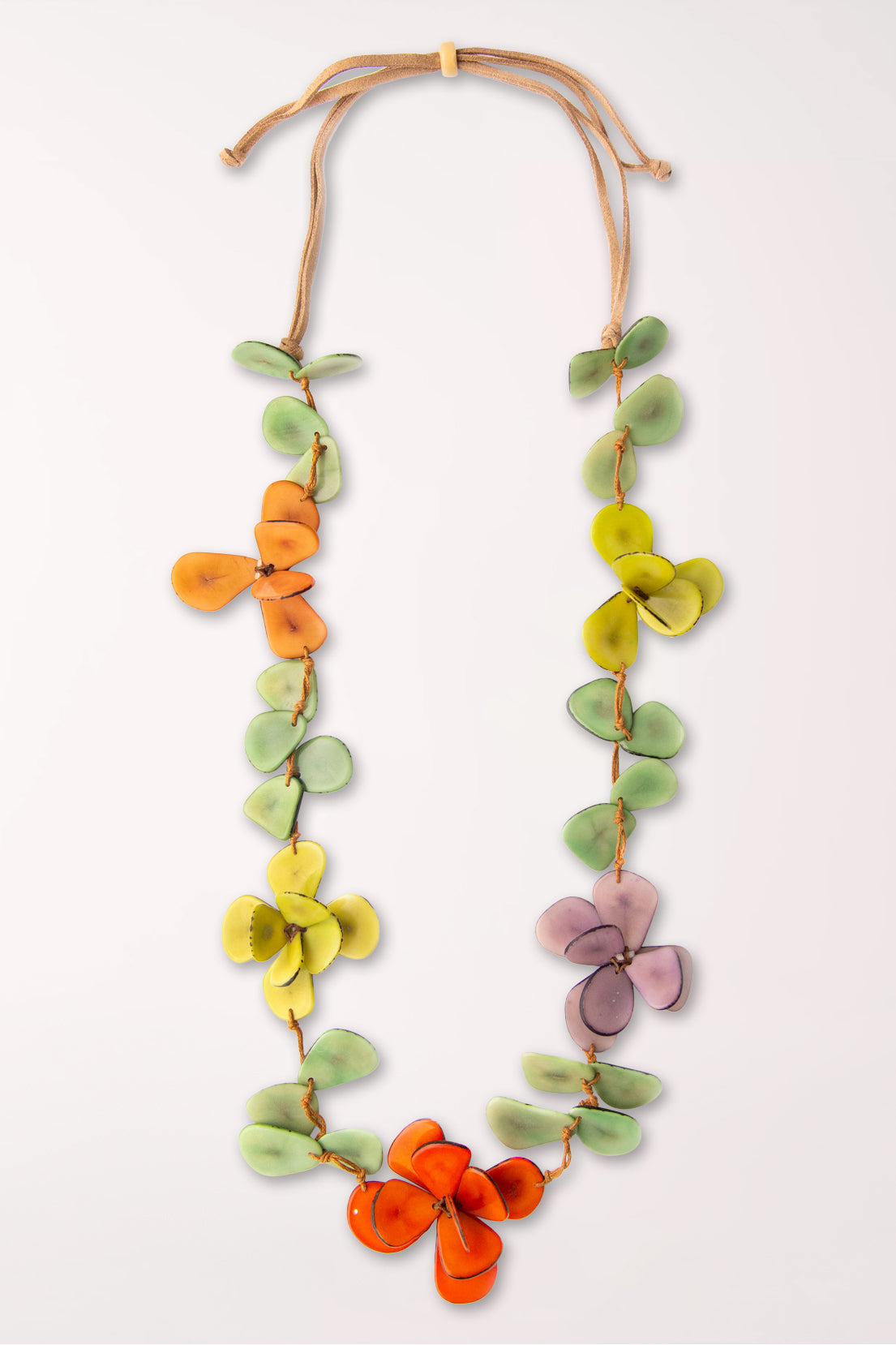 Necklace with colorful flower-shaped beads on a white background