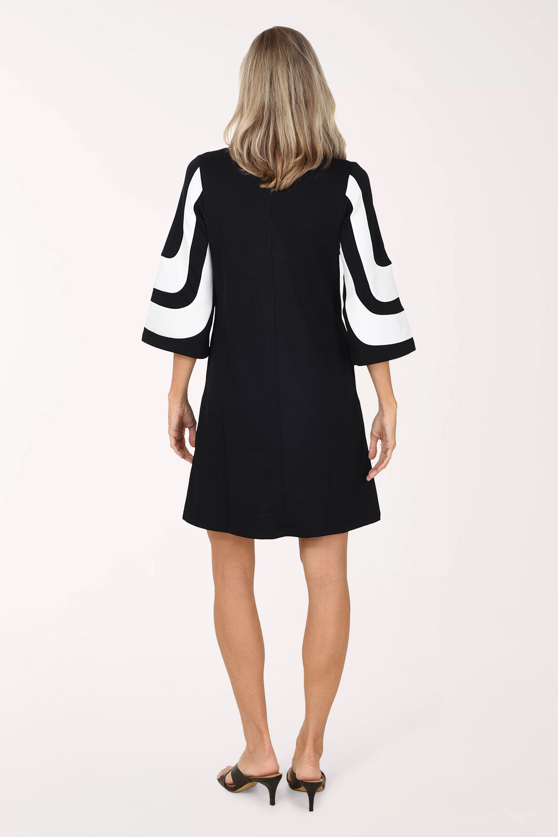 Back view of the Monochrome Mod Color Block Dress showing the black back and color block sleeves.