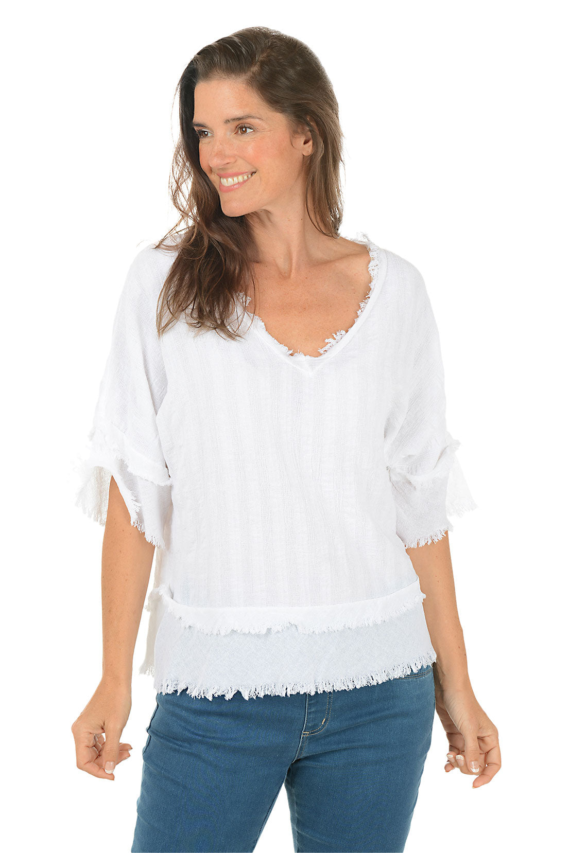 Woman wearing a white blouse with ruffled details on a white background.