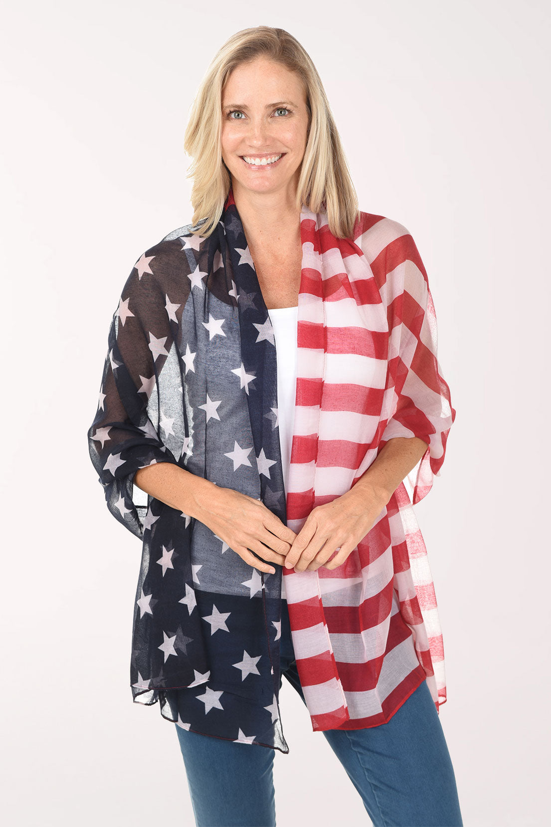 Woman wearing a USA flag patterned scarf on a white background