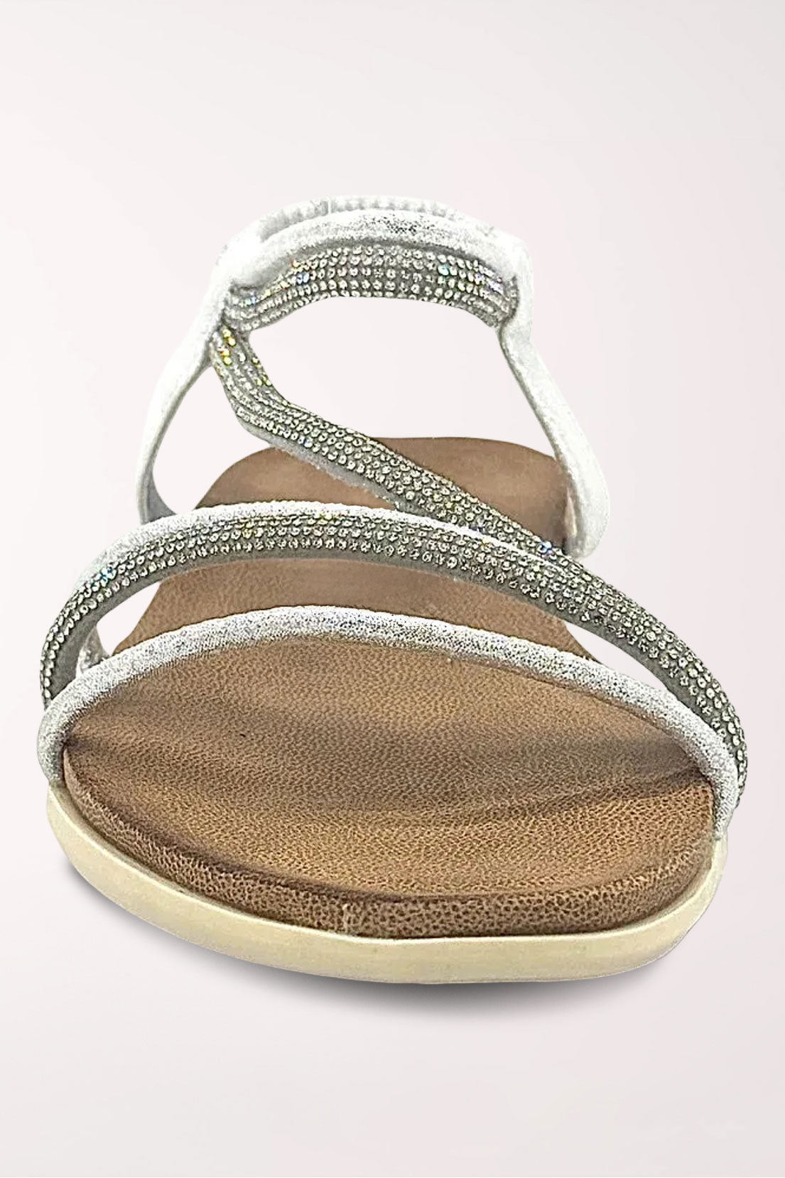 Front view of the silver Alina sandal showing the crisscross rhinestone straps over the footbed.