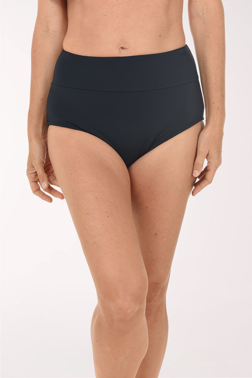 Front view of the Maxine Wide Waistband Full Coverage Swim Brief in black, showing the wide flat waistband.