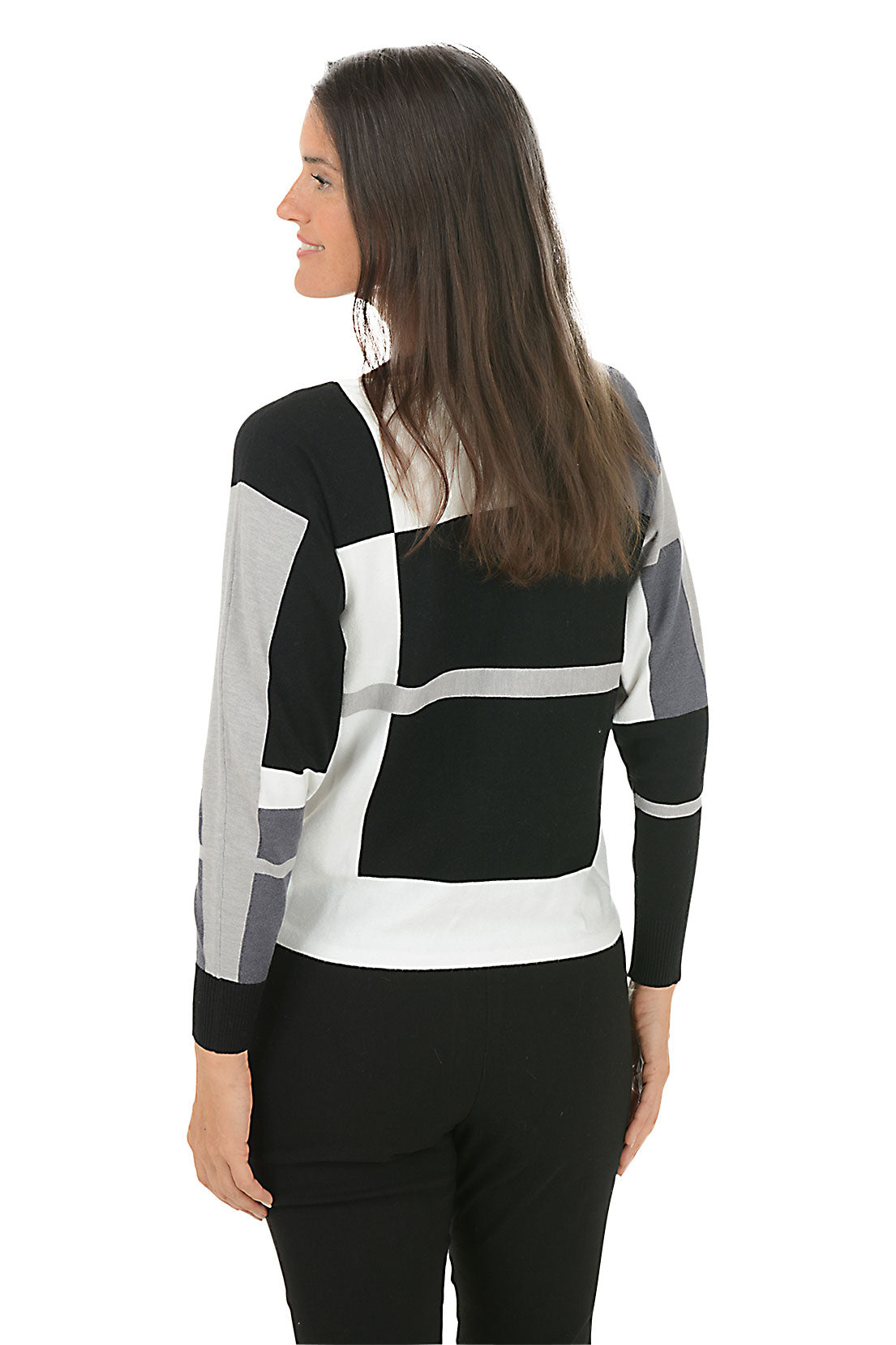 Woman wearing a black, white, and gray striped sweater on a white background. Back shot.