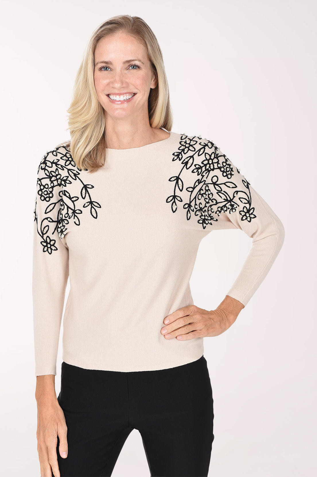 Winter White Pearl Floral Shoulder Sweater