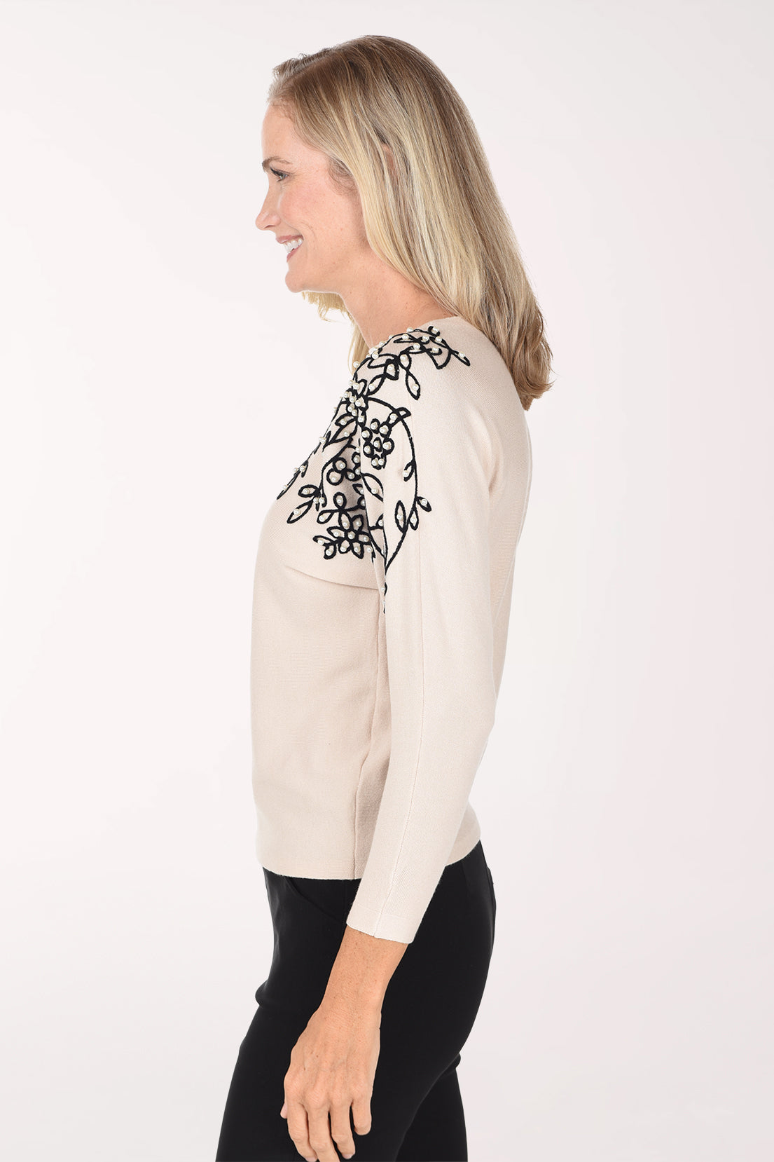 Winter White Pearl Floral Shoulder Sweater