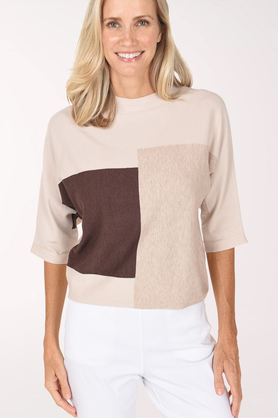 Winter White Color Block 3/4 Sleeve Sweater