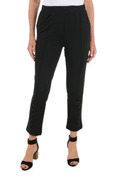 A front shot of a model wearing a ankle-length black lounge pants with pintuck detail on the front leg and rhinestone embellishment near the hemline, featuring a stretch waistband and dual front pockets.