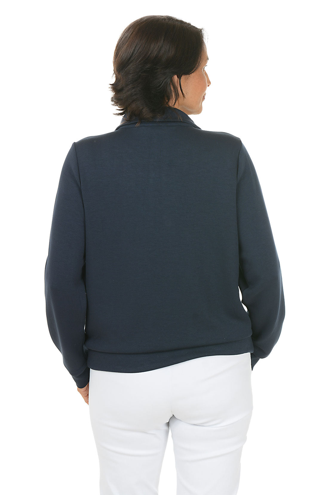 Woman wearing a navy blue pullover sweater with a zipper on a white background. Back shot.