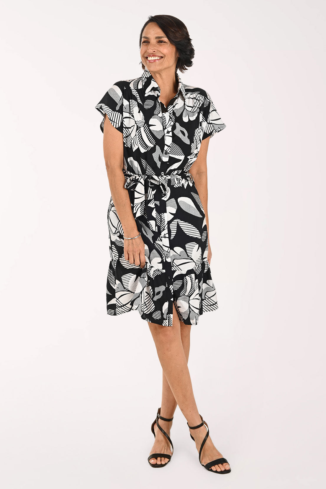 Ninety Clothing Shadow Floral Belted Dress - Black Cream