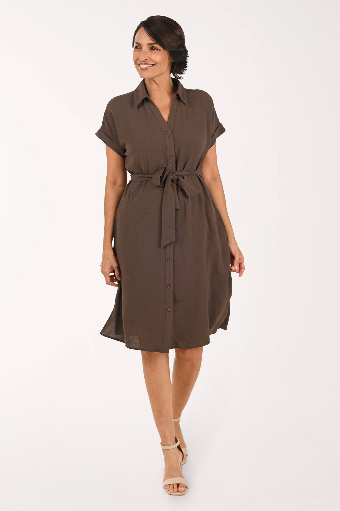 Solid Belted Button-Front Dress
