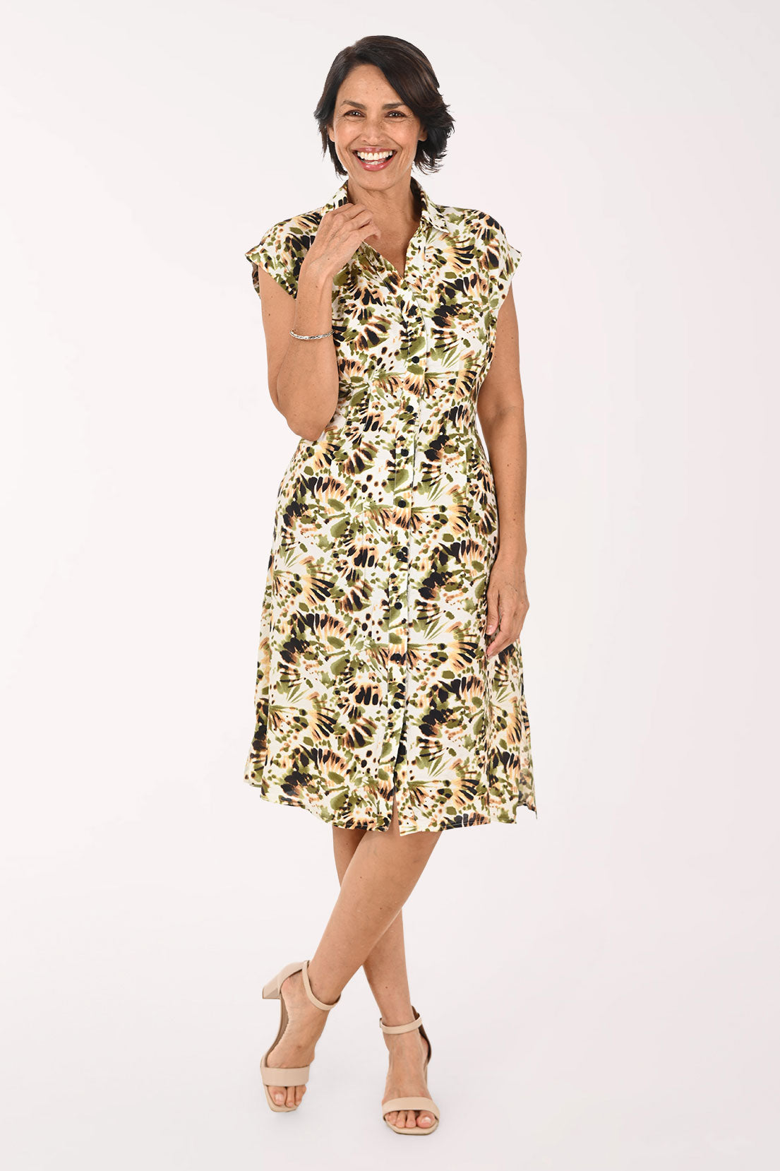 pleated waist printed dress Ninety Clothing Palm Frond - Cream Olive Color:Cassia Black Hand Embellished Long high heels Collection_Tennis & Golf
