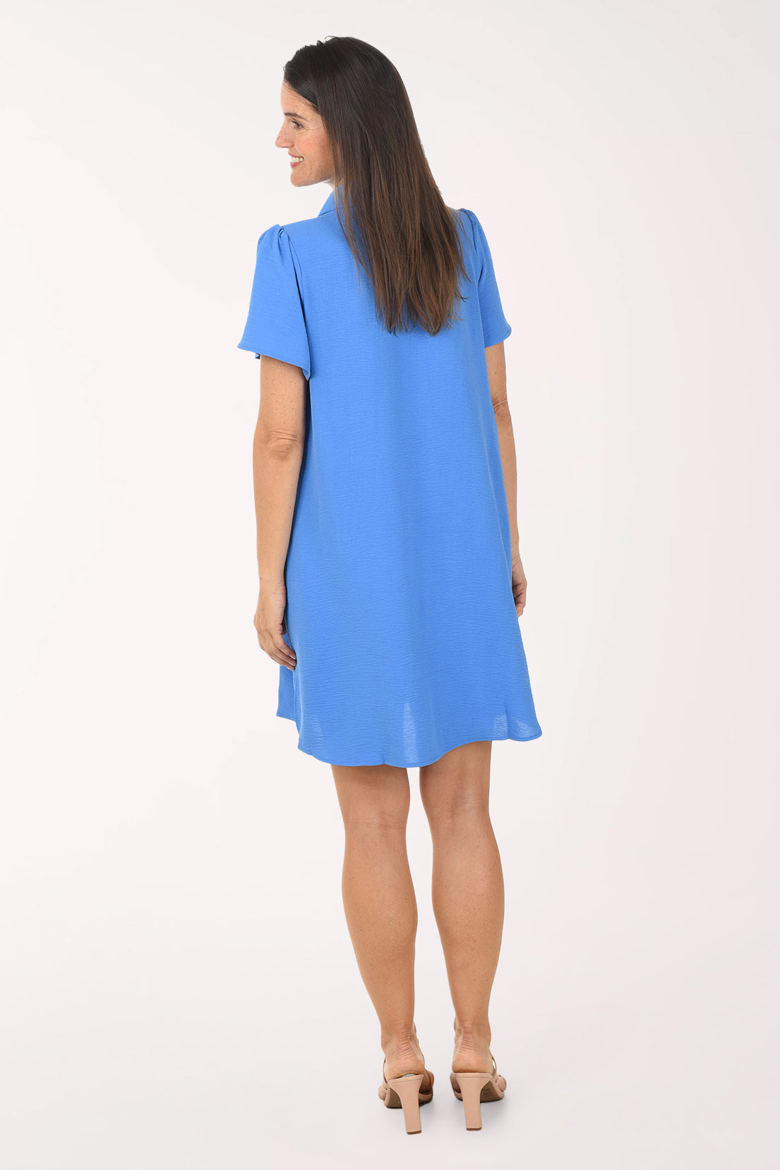 Woman wearing a blue short sleeve dress with a collar