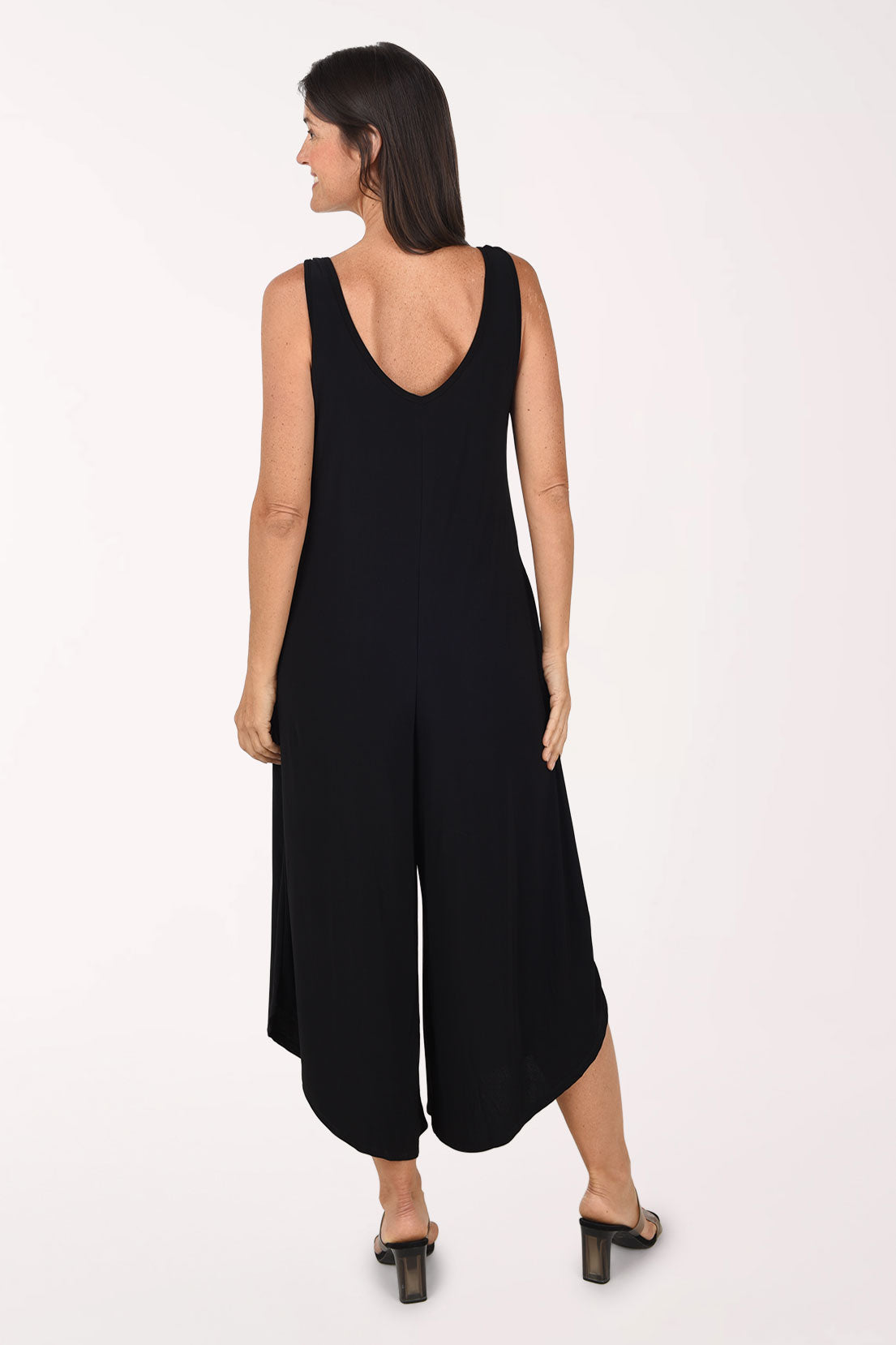 Back view of the black Ringed Strap Jumpsuit showing the scooped back and wide legs.