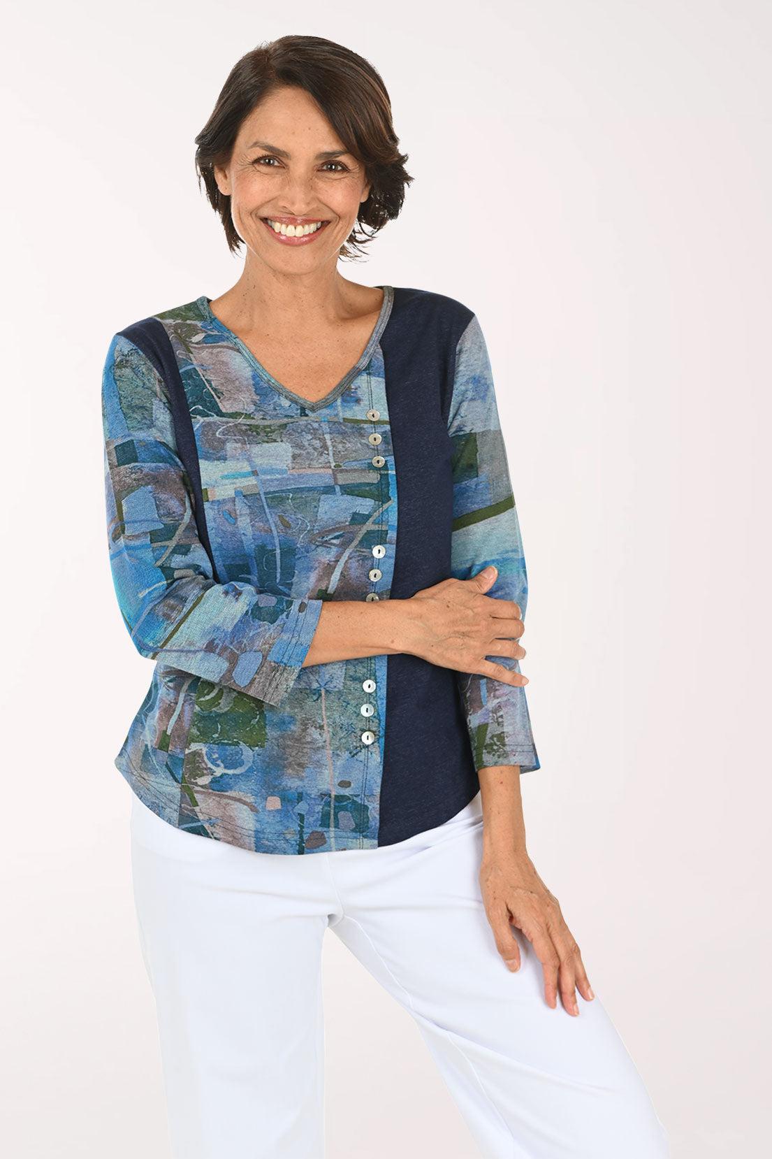 Emily V-Neck Offset Button Top