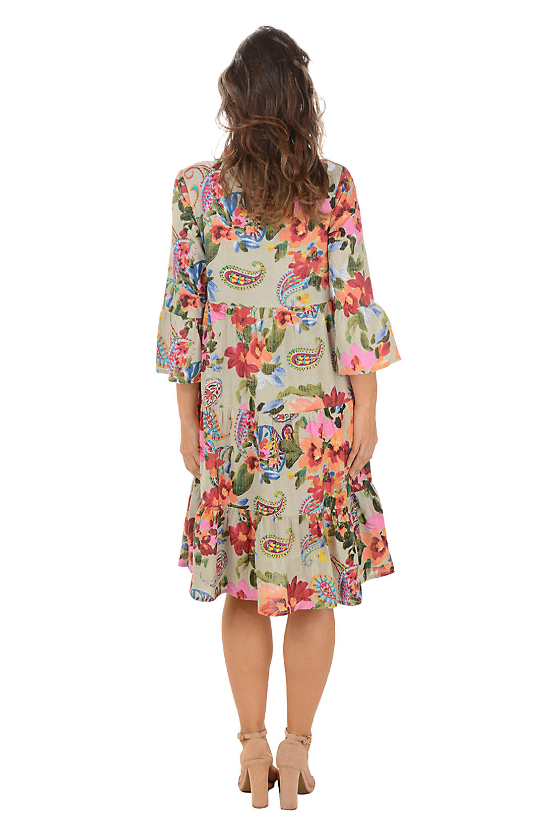 Woman wearing a 3/4 sleeve collared floral dress on a white background. Back shot.
