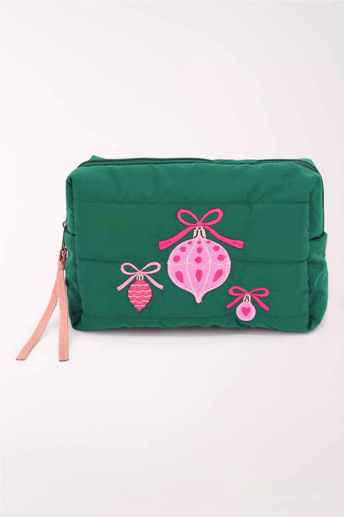 A green quilted cosmetics pouch with pink embroidered holiday ornaments and bows, and a pink zipper pull.