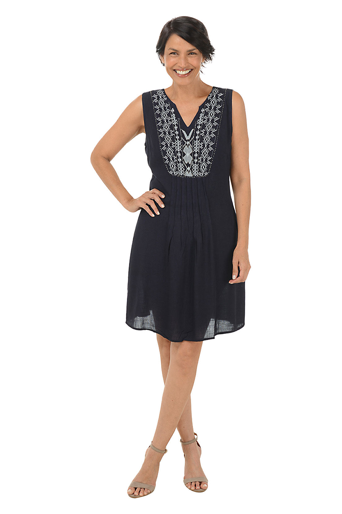 Navy Diamond Embroidery Pleated Sleeveless Dress | Raya Sun Navy Diamond Embroidery Pleated Sleeveless Dress | Raya Sun