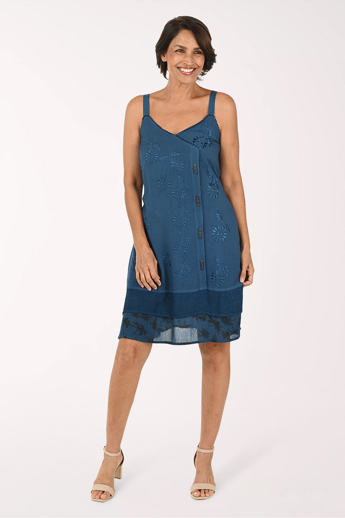 Raya Sun Palm Print Hem Sleeveless Tank Dress - Med Blue