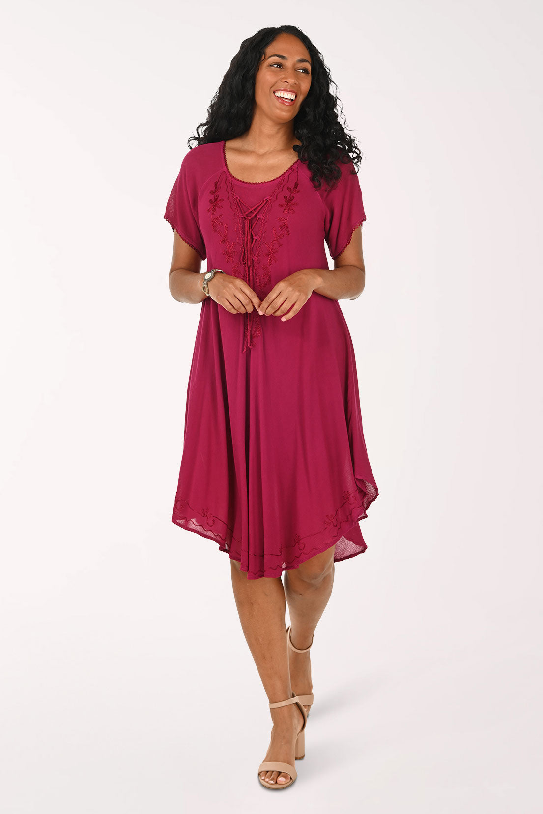 Embroidered Lace-Up Neck Short Sleeve Dress