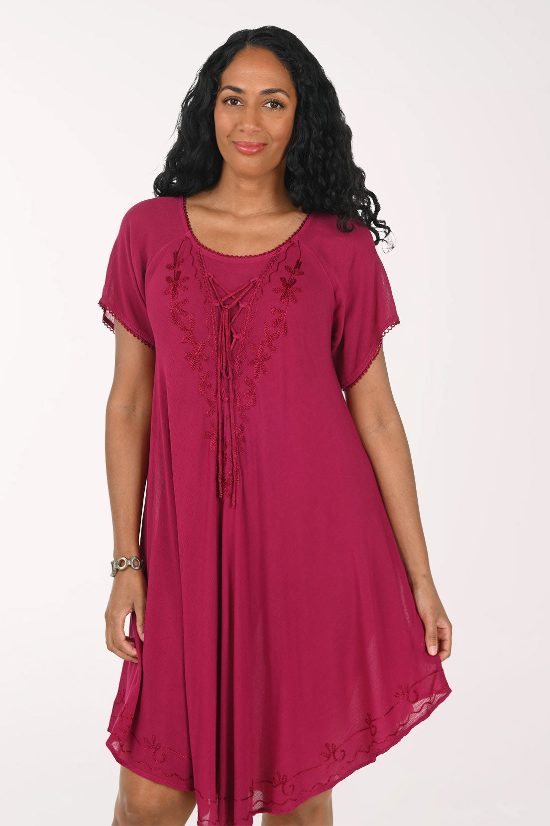 Embroidered Lace-Up Neck Short Sleeve Dress