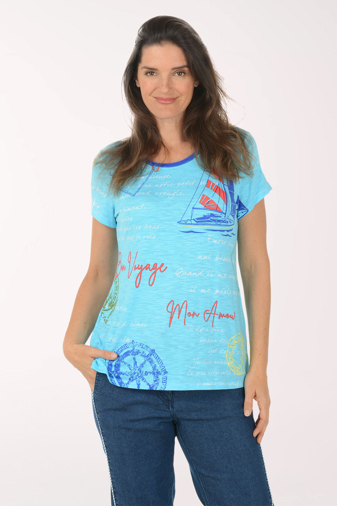 Woman wearing a light blue t-shirt with graphics and text on a white background