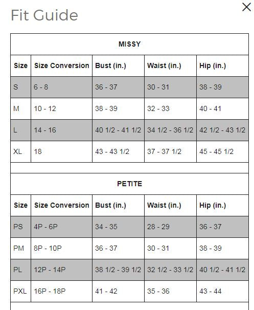 Fit guide chart for Missy and Petite Ruby Rd. sizes with measurements in inches.