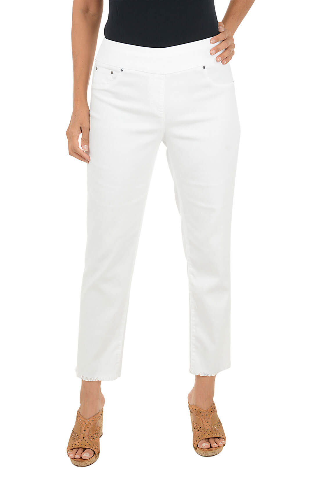 Person wearing white pants on a white background.
