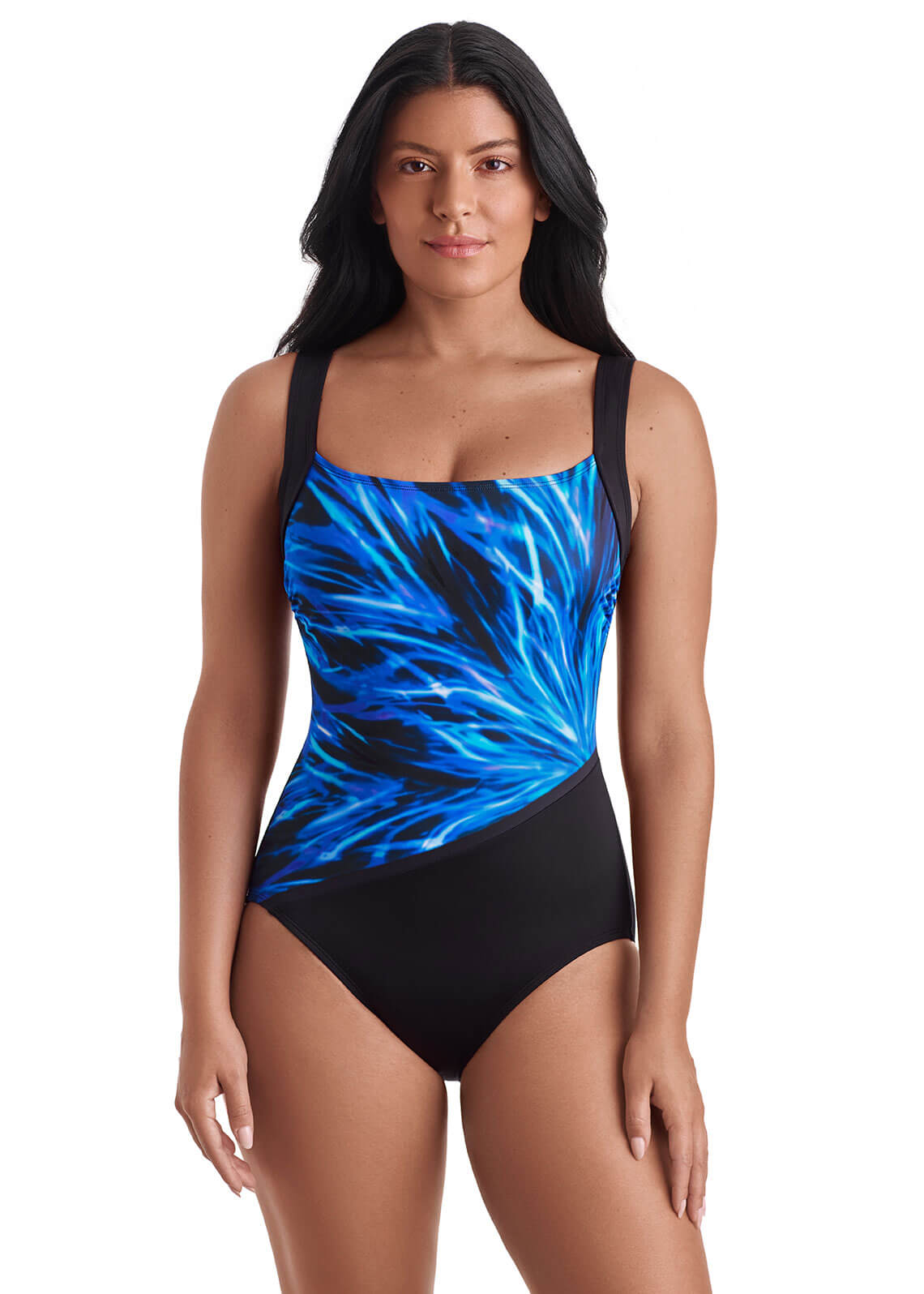 Woman wearing a blue and black patterned swimsuit on a white background