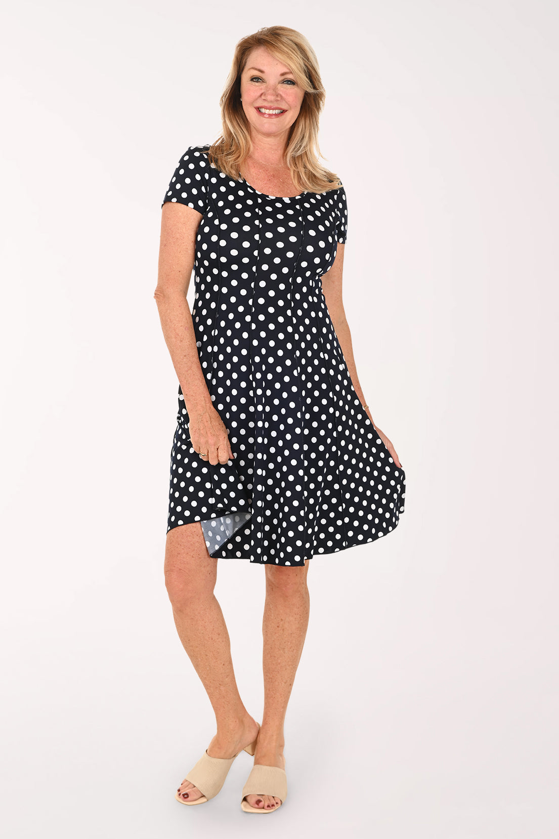 Woman wearing a short sleeve black and white polka dot dress