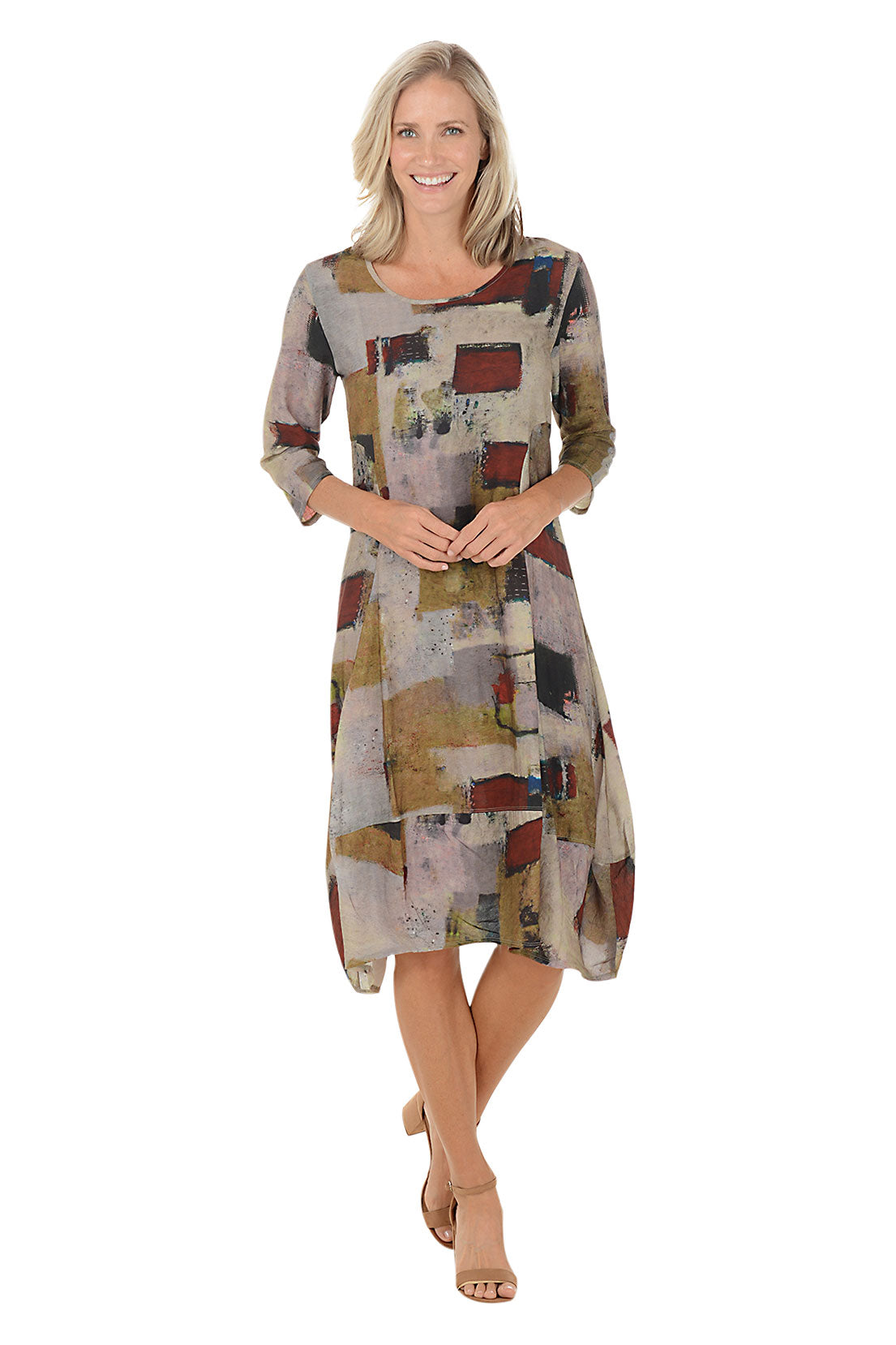 Rust Patina Shark Bite Hem Dress - Red Khaki - Size M - by Shana Apparel, image size:1105x1658