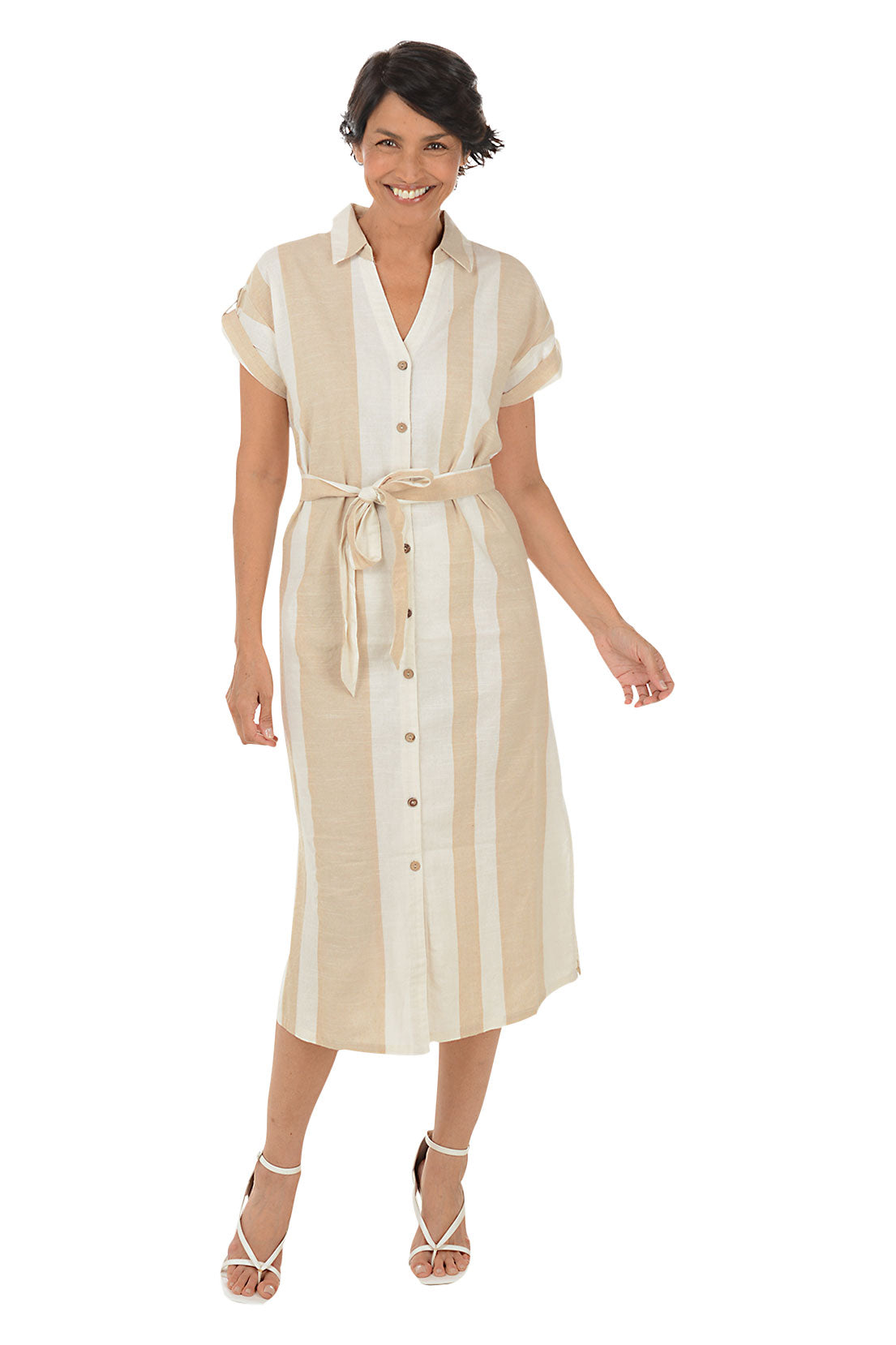 A front shot of a model wearing a beige and white striped button-front midi-length dress with a foldover collar and short dolman sleeves.