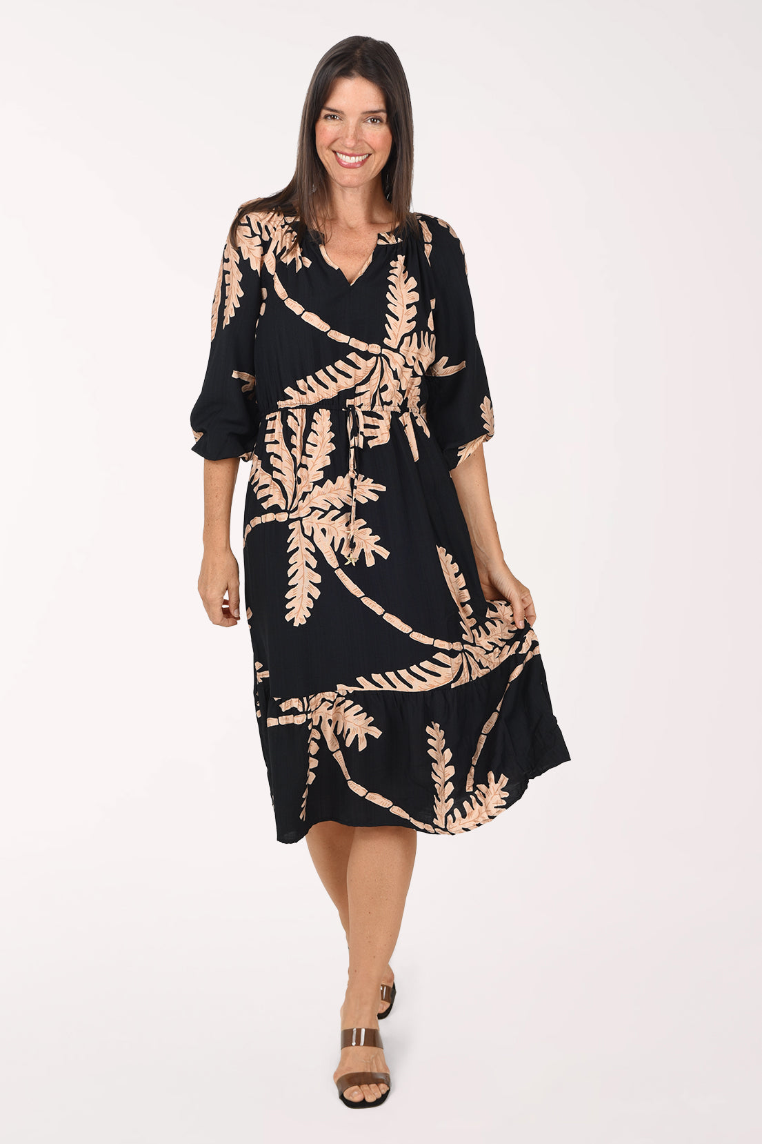 Front view of the Coconut Palm Cinched Waist Midi Dress with the tie waist