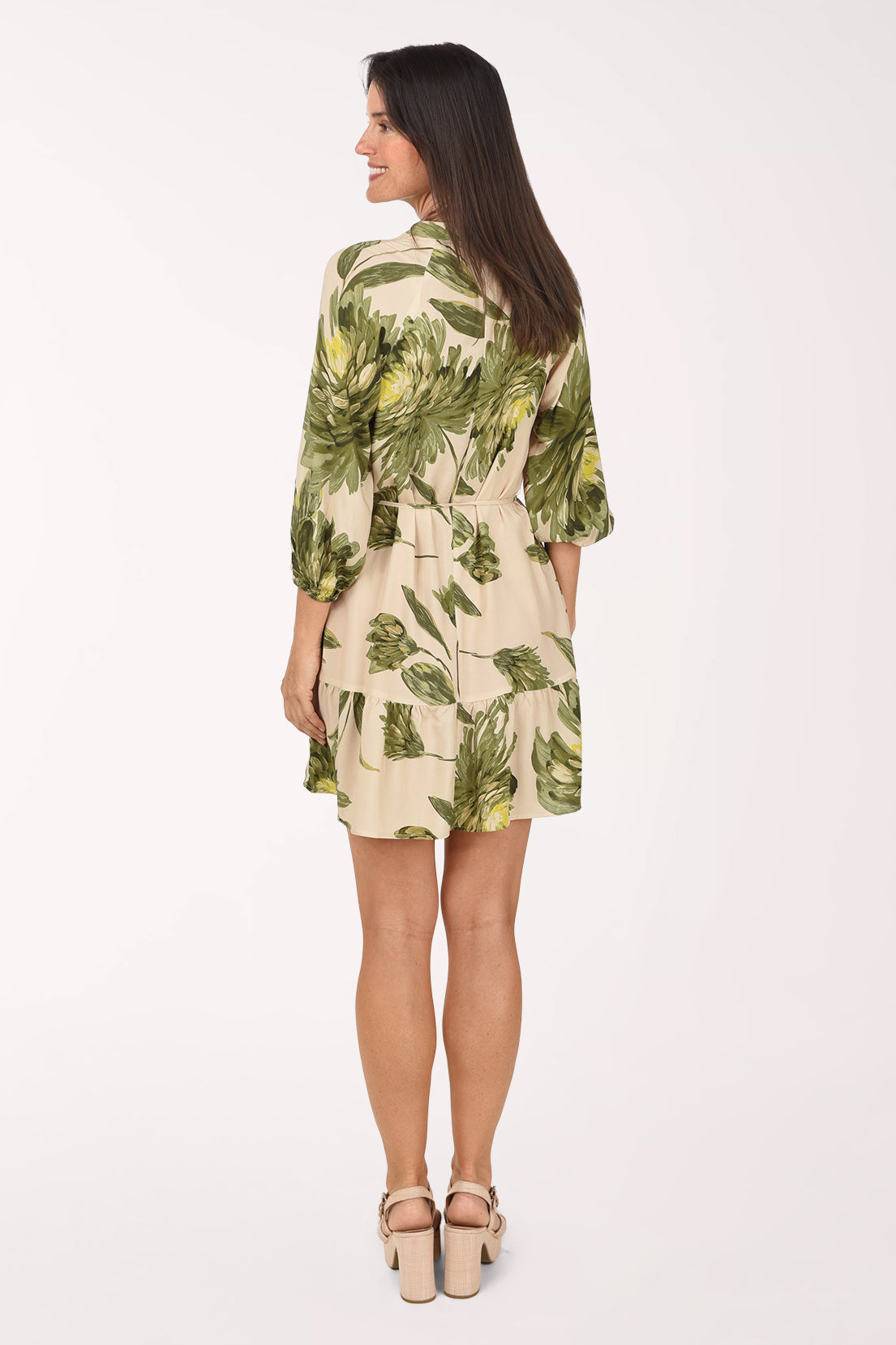 Back view of the Green Blossom Belted Dress in sand and olive