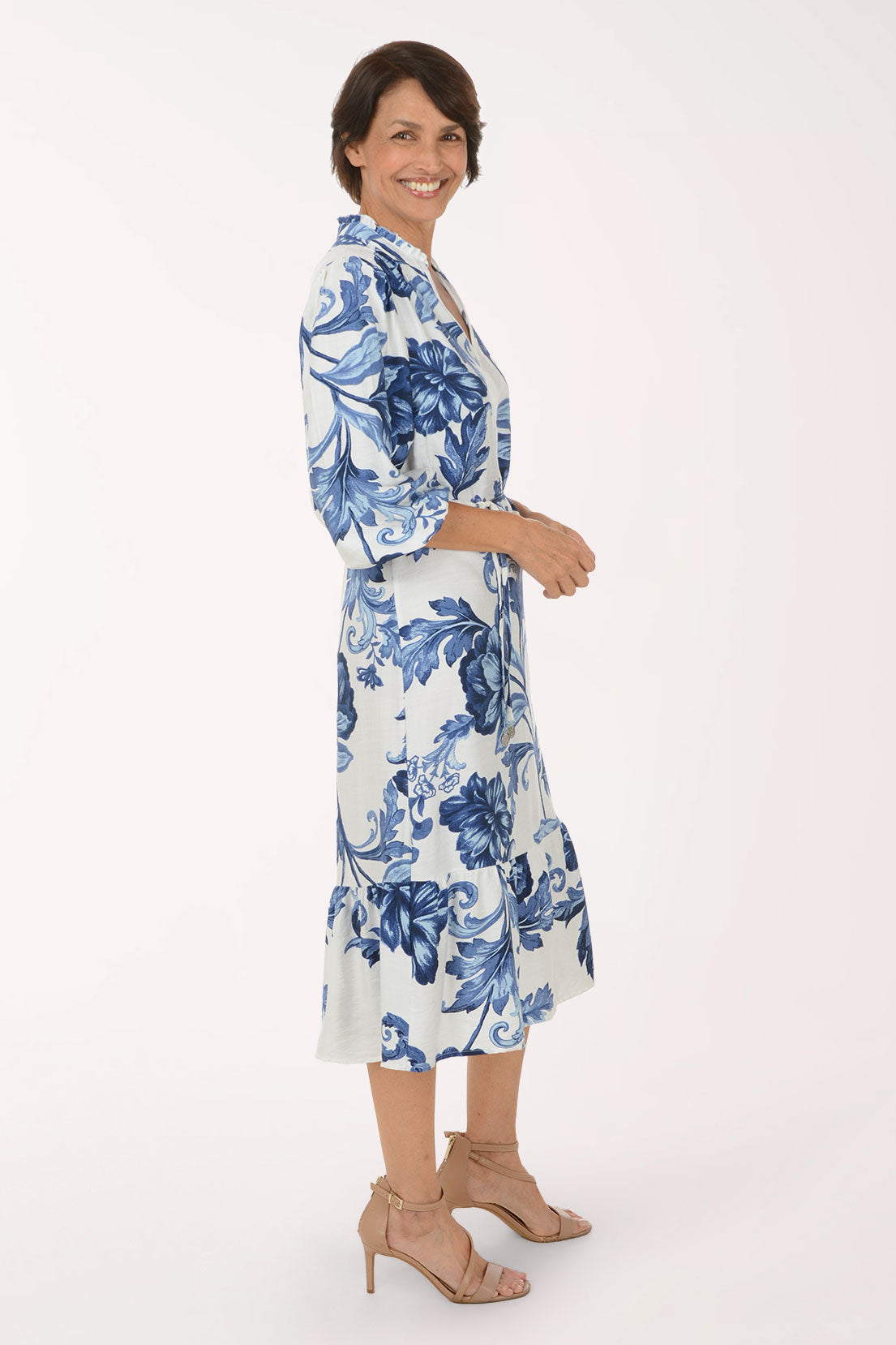 Blue Floral Scroll Belted Midi Dress