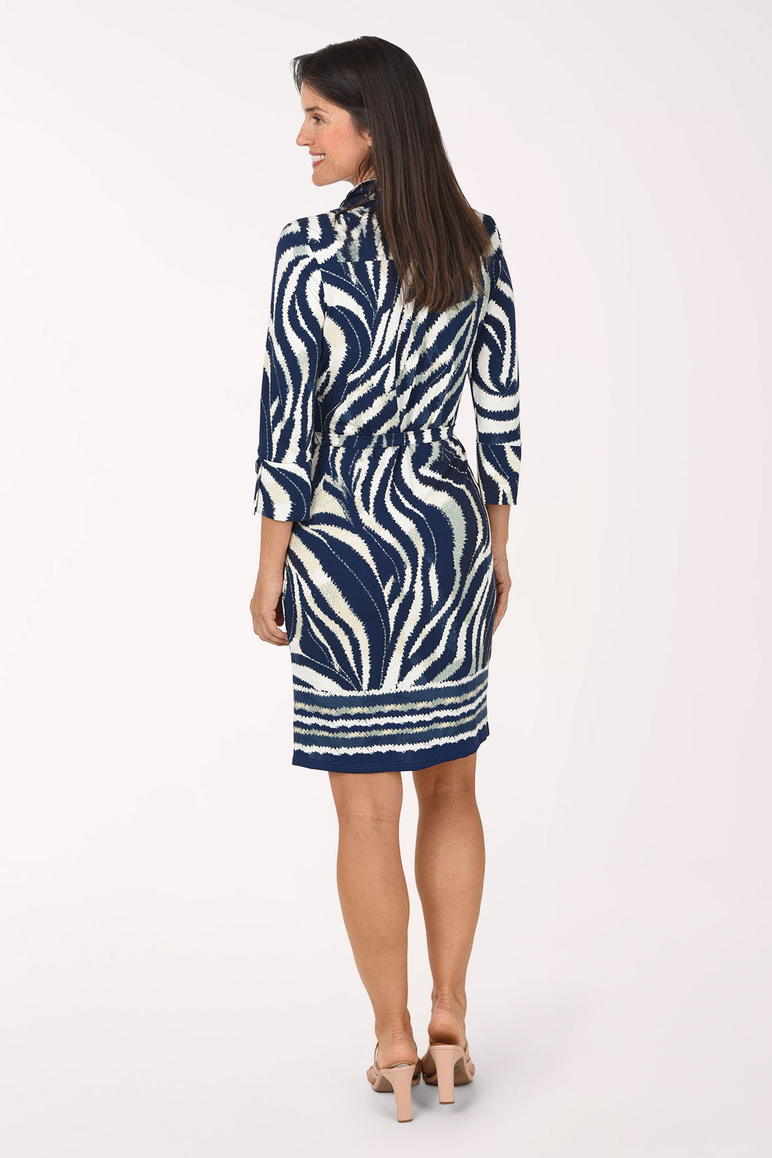 Back view of the Blue Swirl Belted Dress in navy and cream swirl print
