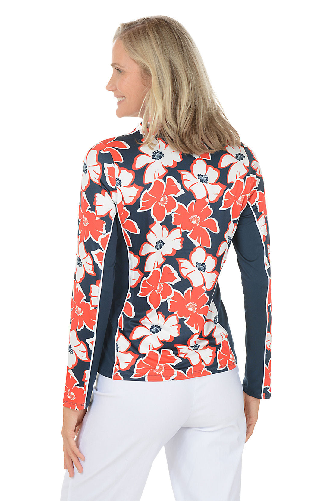 A floral long sleeve activewear top with navy contrast sleeves. Back shot.