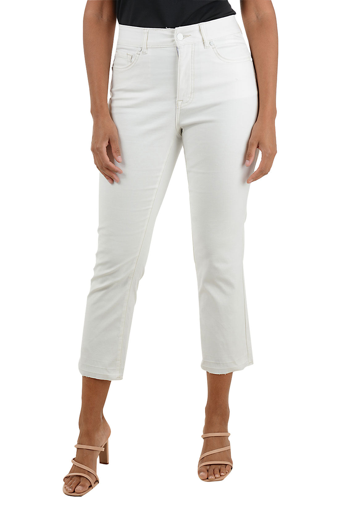 White pants worn by a person on a white background