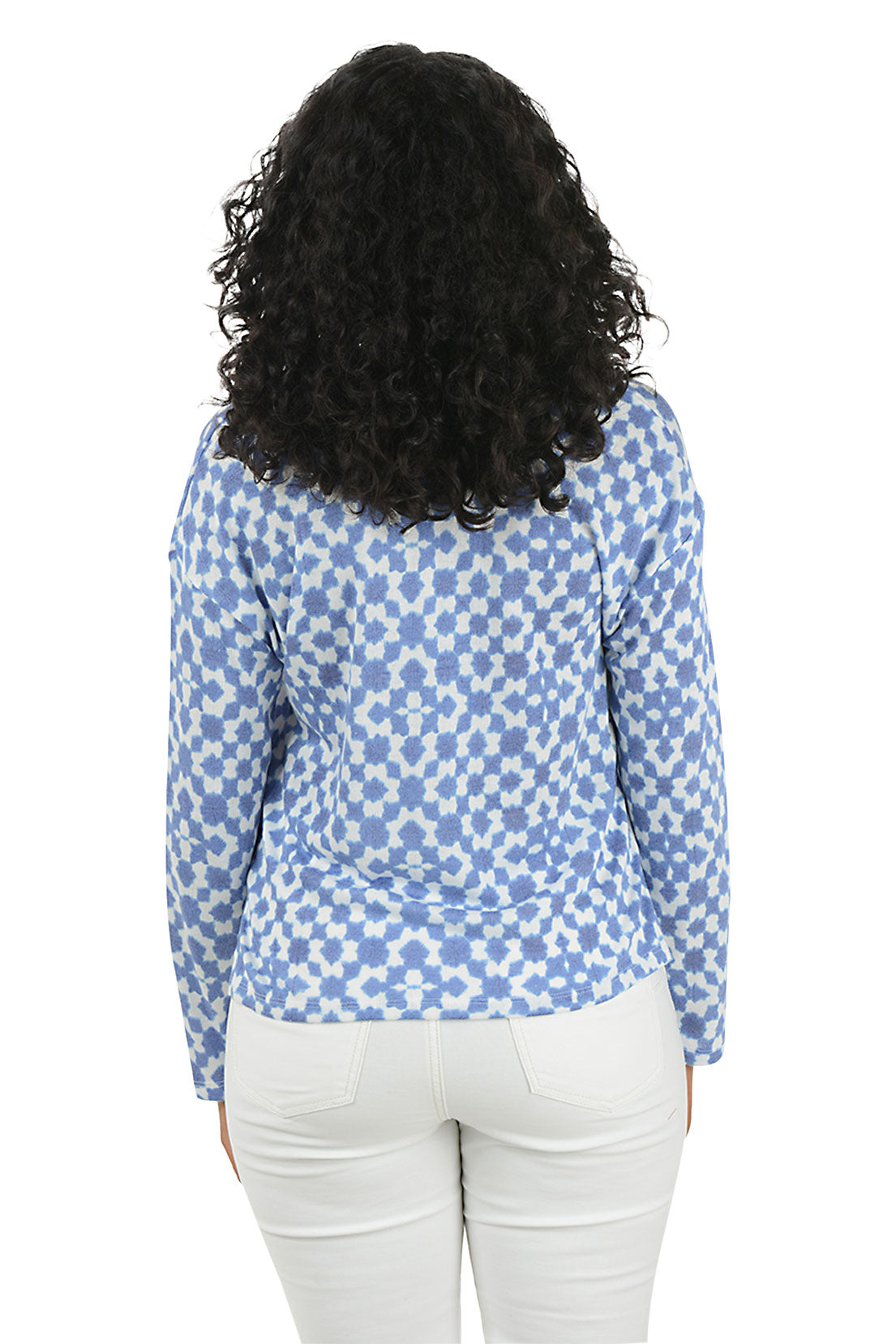 Woman wearing a blue and white checkered shirt on a white background. Back shot.