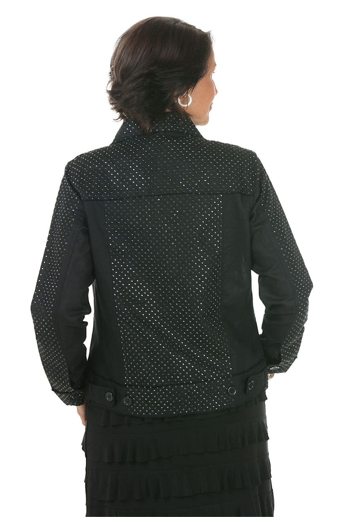 Woman wearing a black patterned jacket on a white background. Back shot.
