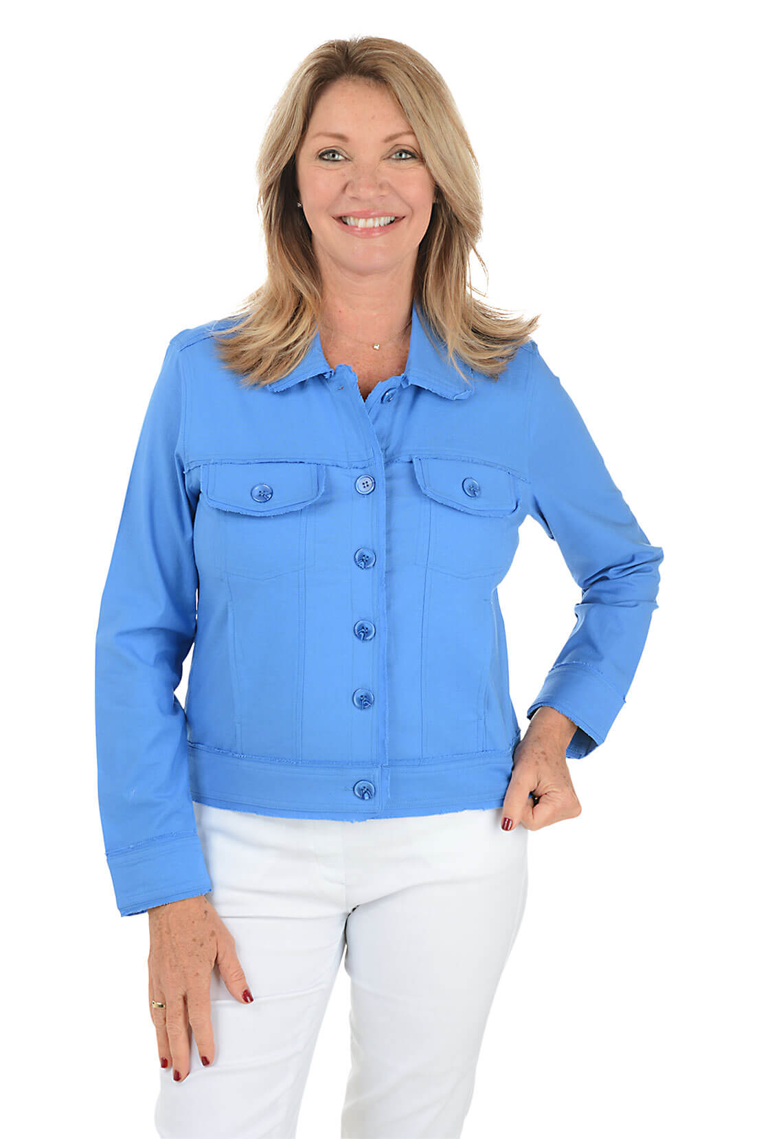 Woman wearing a blue denim jacket on a white background