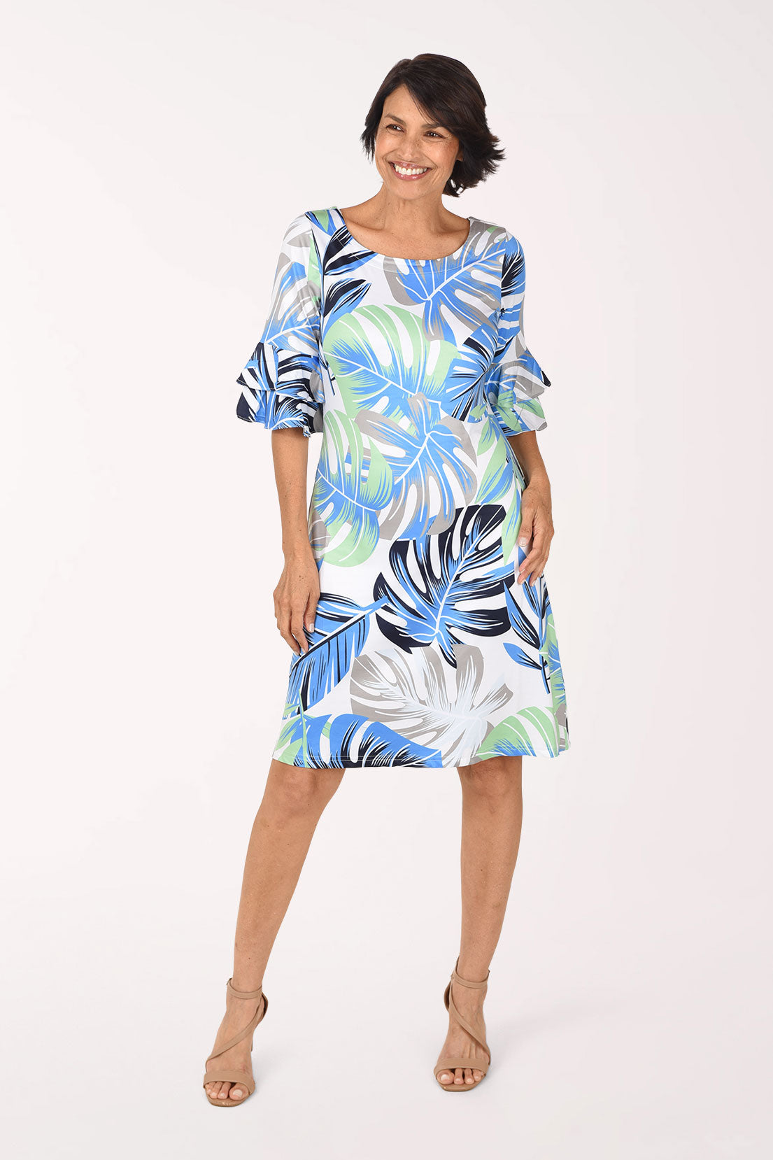 Tango Mango Monstera Leaf UPF50 Ruffle Sleeve Dress, front view, blue, navy and green monstera leaves on white