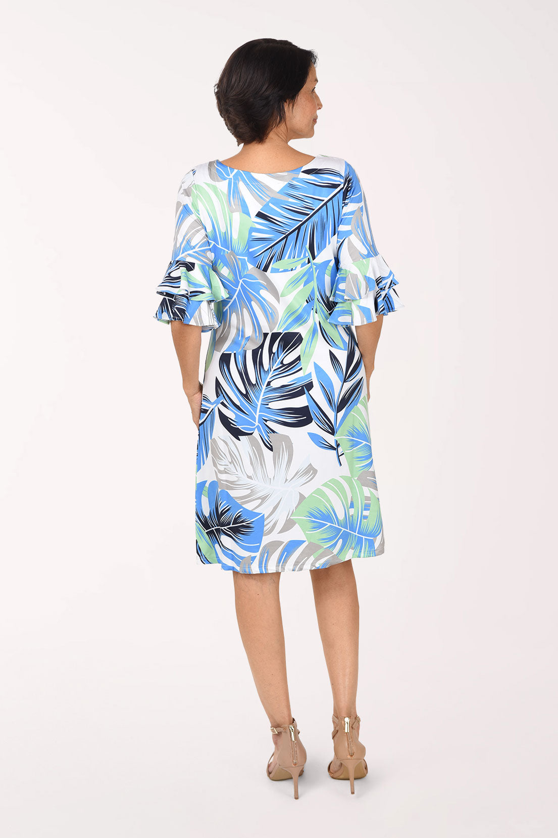 Tango Mango Monstera Leaf UPF50 Ruffle Sleeve Dress, back view, blue, navy and green monstera leaves on white